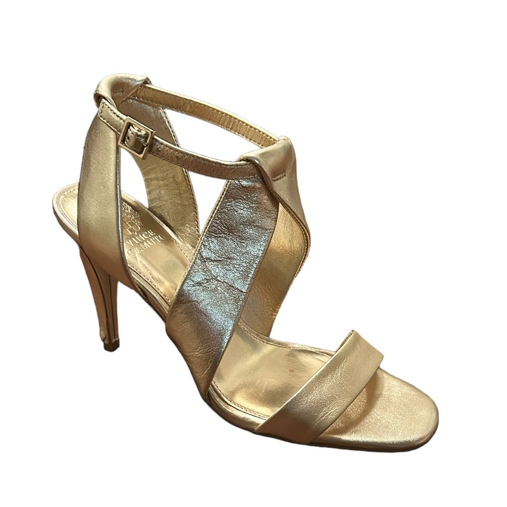 VINCE CAMUTO CHRYSSY Gold Metallic Dressy Square Open Toe Heel-Size 10